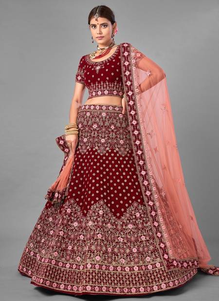 Maroon Arya Design 18 Bridal Wedding Wear Velvet Heavy Embroidery Work Latest Lehenga Choli Collection 7008